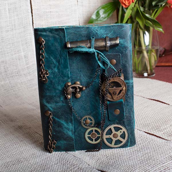 Time Travelers Steam Punk - 6x9 - Turquoise Leather Journal - Image 2