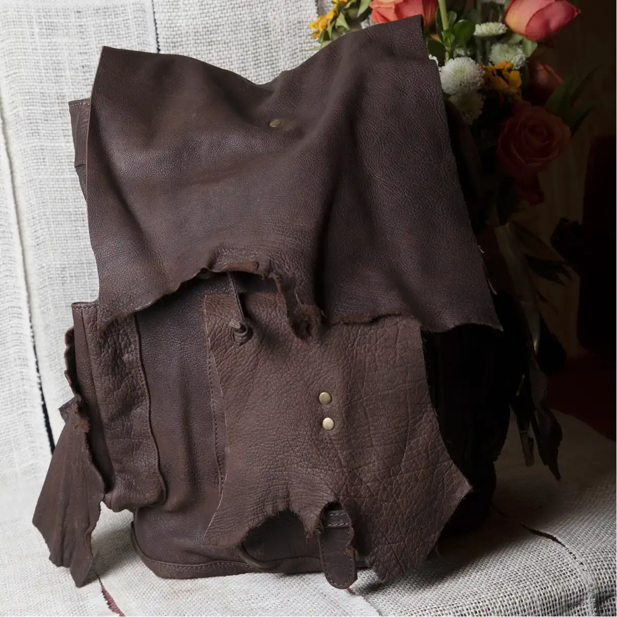 Womans Torn Leather Backpack Brown Front